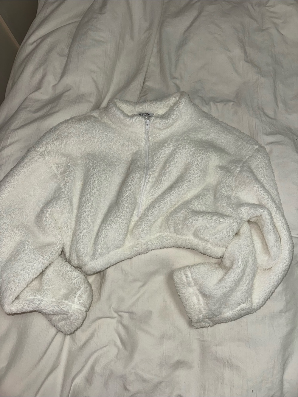 Fashion Nova White Sherpa Quarter-Zip Cropped Sweater